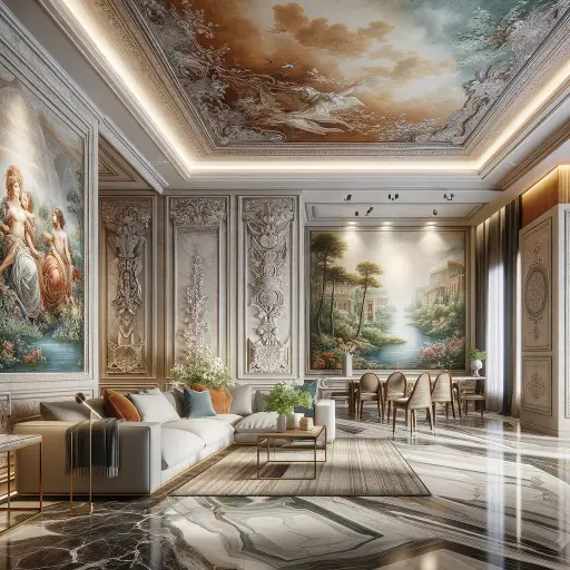 A modern living space with intricately painted walls, showcasing faux marble and wood finishes, and a vivid landscape mural.