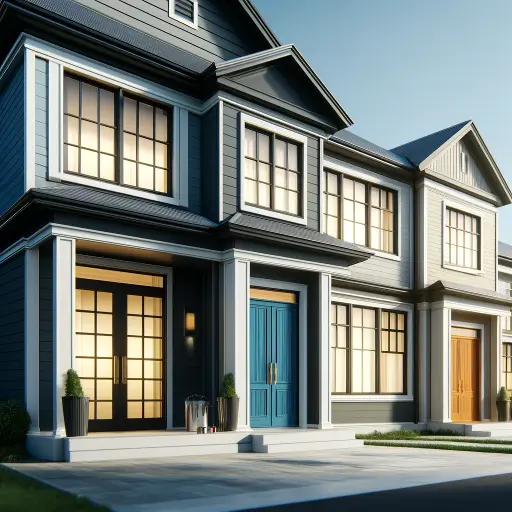 A beautifully image of a modern home's exterior showcasing expertly painted doors and windows.