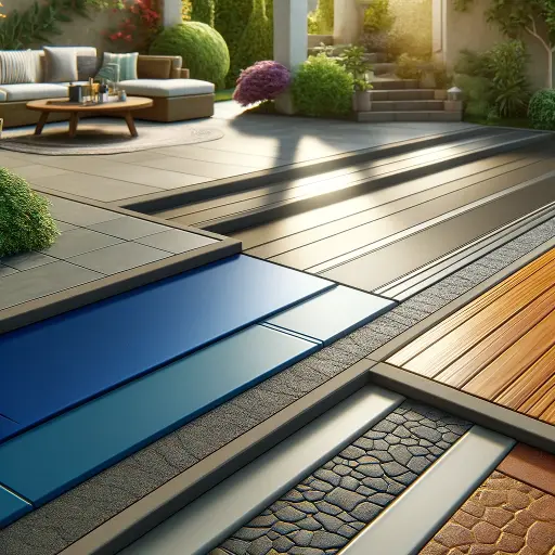 A variety of outdoor flooring types in a garden setting, showcasing different colors and textures including glossy, matte, and textured finishes.