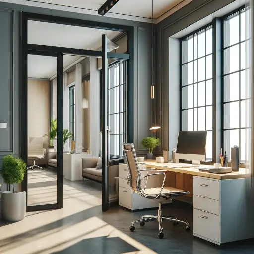 Modern office with beautifully painted doors and windows showcasing various finishes.